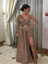A Line One Long Sleeve Golden Tulle Prom Dress with Slit LBQ2437